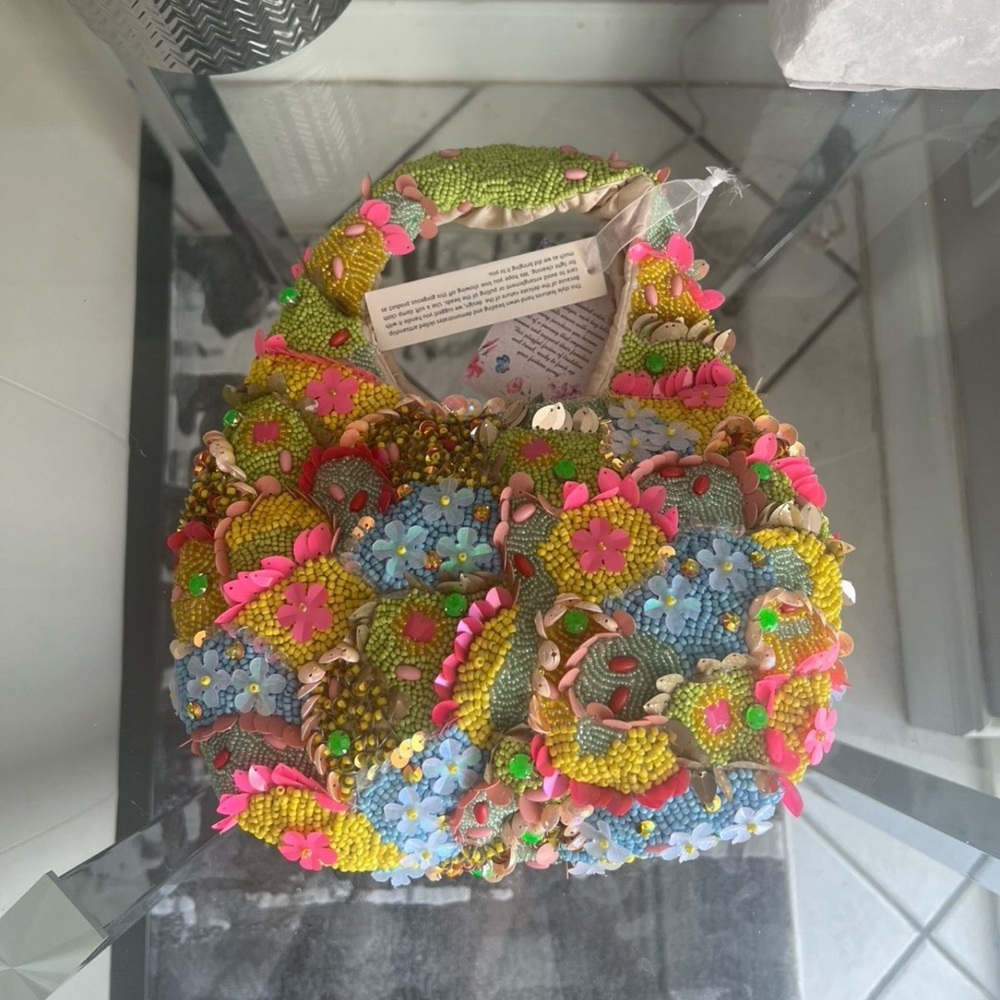 NWT Multicolor Floral Made in India Beaded Bag